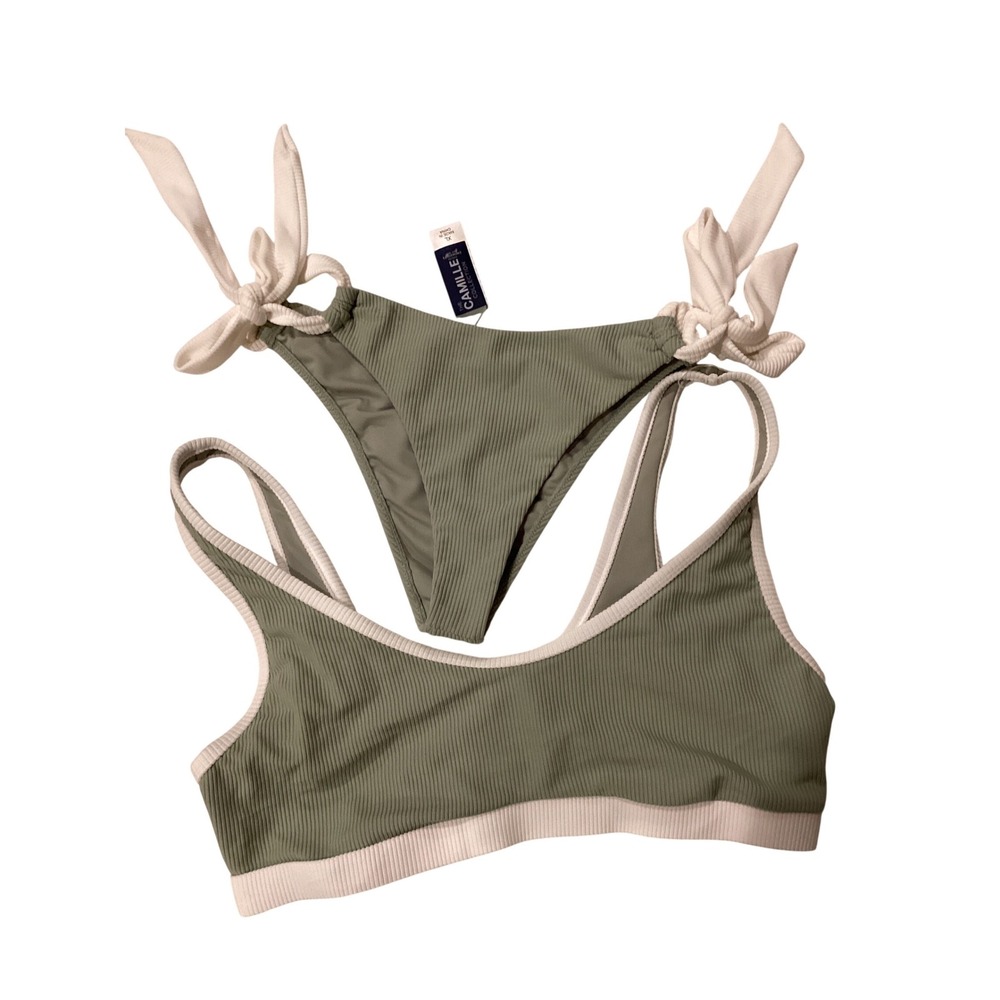 The Camille Collection Swimsuits For All Ribbed Bikini Set Sage Green White XL